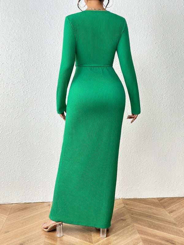 Round neck hollow waist long sleeve hip-covering slit two piece suit