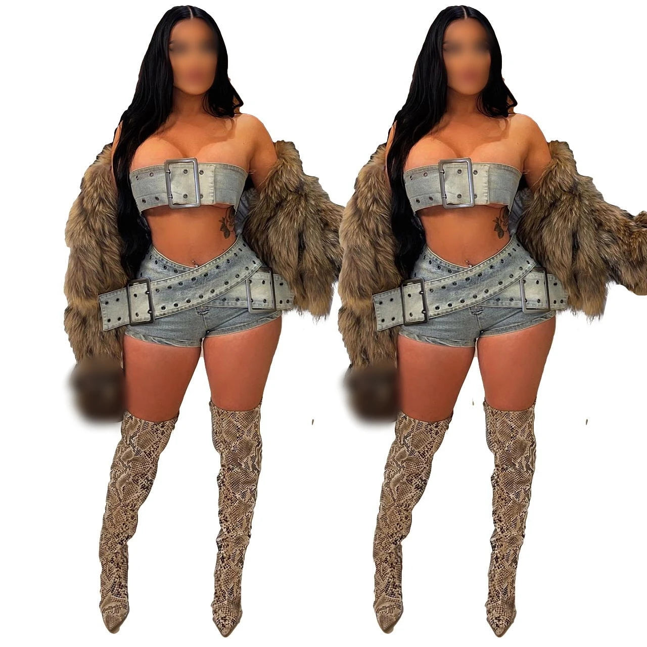 Two Piece Denim Suit Strapless Tube Top Jeans Belt Shorts Set