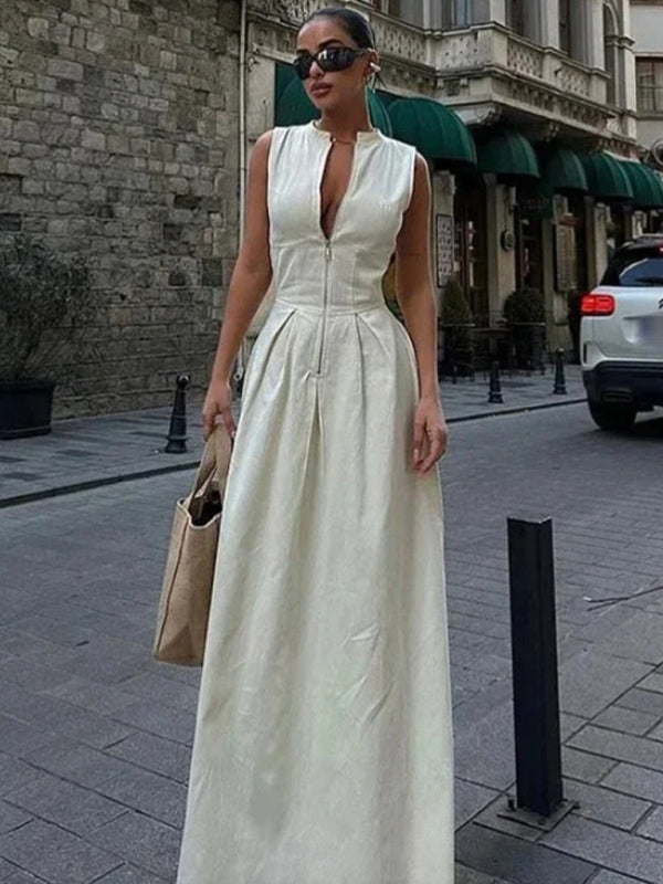 Sleeveless V-neck Casual Waist Zipper Neck Dress
