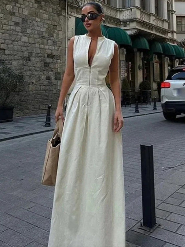 Sleeveless V-neck Casual Waist Zipper Neck Dress
