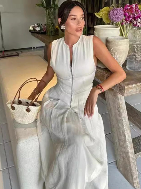 Sleeveless V-neck Casual Waist Zipper Neck Dress