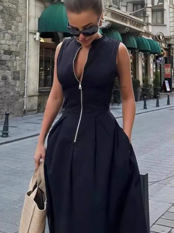 Sleeveless V-neck Casual Waist Zipper Neck Dress