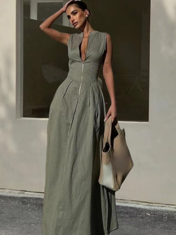 Sleeveless V-neck Casual Waist Zipper Neck Dress
