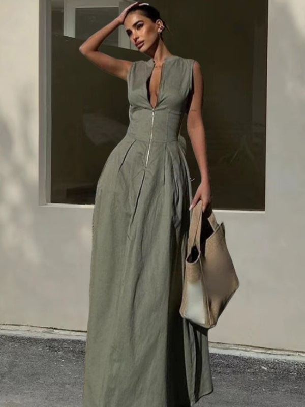 Sleeveless V-neck Casual Waist Zipper Neck Dress